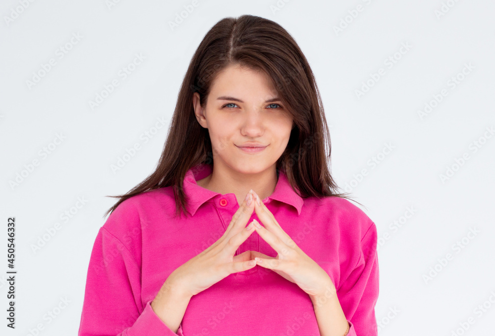 Girl scheming evil plan twiddle fingers smirking desire thinking excellent idea, devious woman have wonderful sheme how trick prank friend, white background