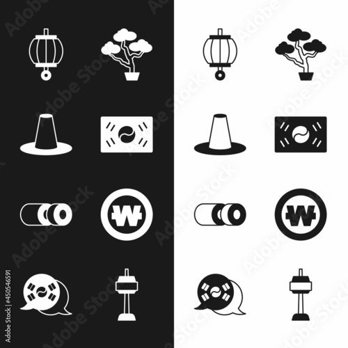 Set South Korea flag, Korean hat, lantern, Bonsai tree, Sushi, won coin, N Seoul tower and icon. Vector