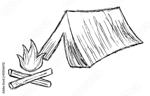 Rough vector line drawing of campfire near tourist tent. Black and white freehand pencil sketch. Nature tourism concept