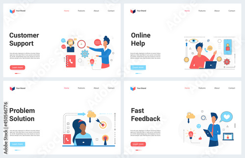 Online customer support service vector illustration. Cartoon modern concept landing page set for hotline call center with operators in headsets, fast solving problem, consulting clients, feedback