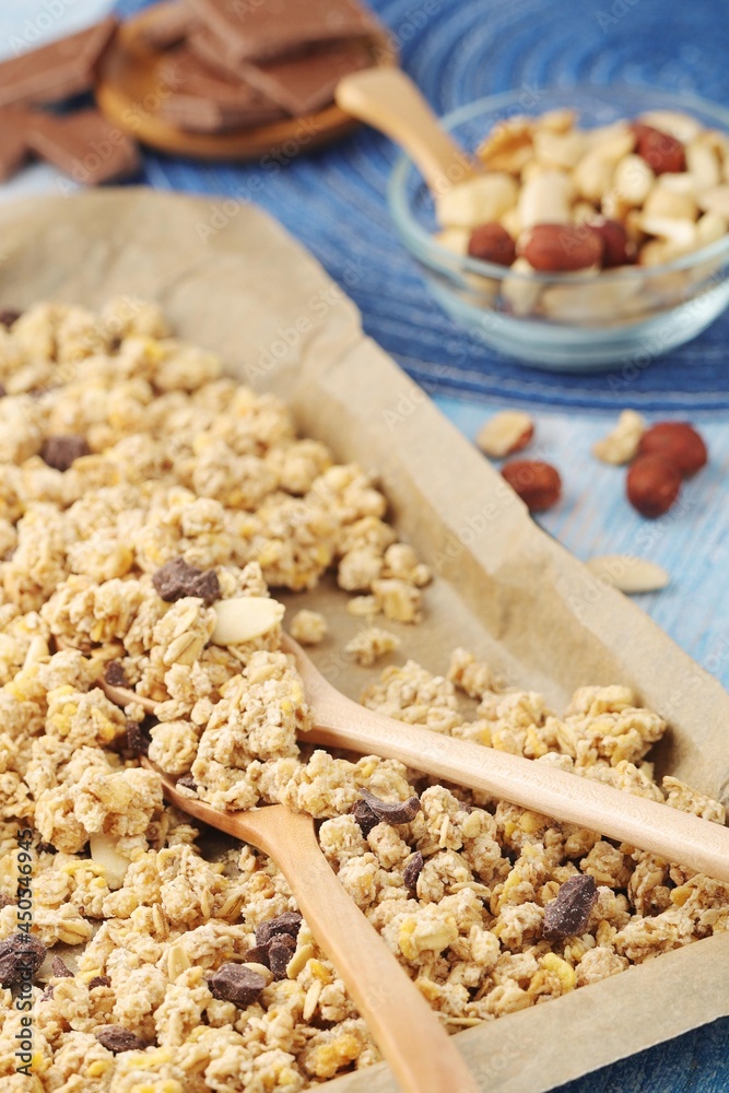 Homemade granola with nuts and chocolate