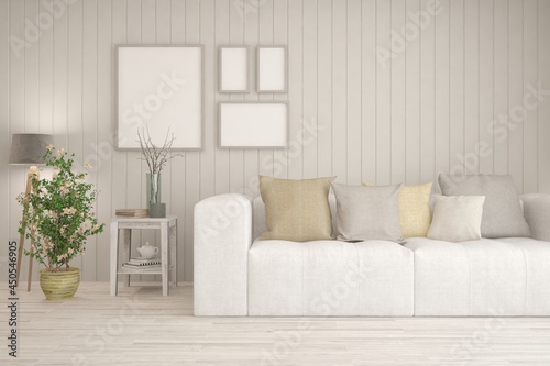 Soft color living room with sofa. Scandinavian interior design. 3D illustration