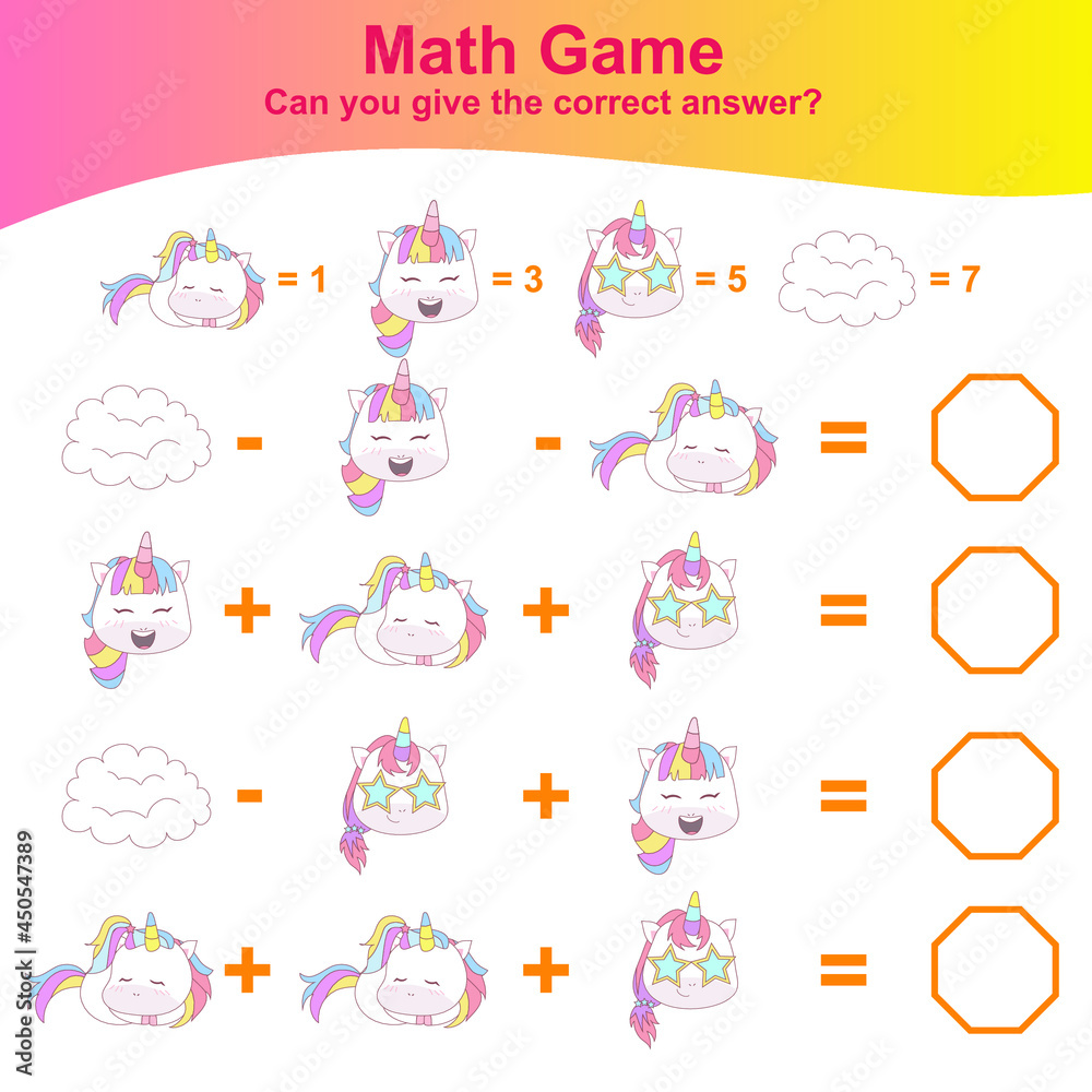 Counting unicorn game for children. Cute unicorn math worksheet. Educational printable math worksheet. Vector illustration in cartoon style.