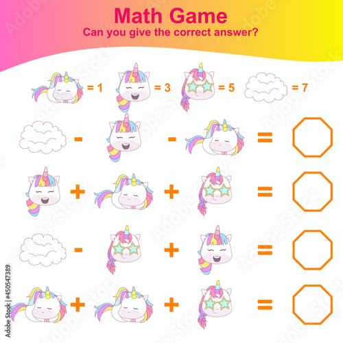 Counting unicorn game for children. Cute unicorn math worksheet. Educational printable math worksheet. Vector illustration in cartoon style.