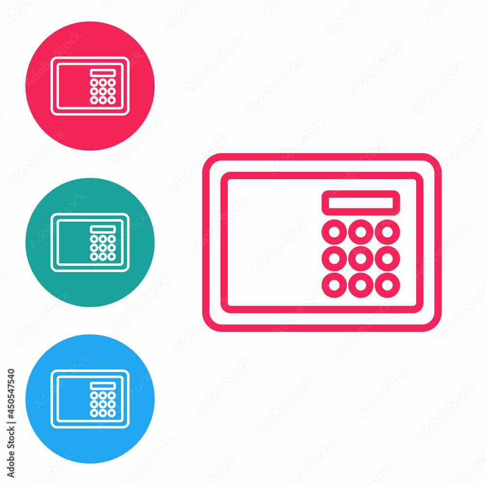 Red line Safe icon isolated on white background. The door safe a bank vault with a combination lock. Reliable Data Protection. Set icons in circle buttons. Vector