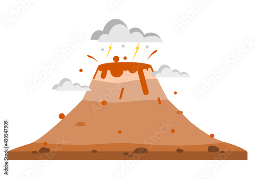 Volcano erupting with magma lava and lightning cloud flat vector.