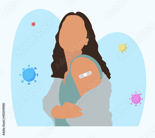People Showing Vaccinated Arm. Vaccine distribution for general population concept illustration. Process of immunization against covid-19. Healthcare, coronavirus, prevention and immunize.	