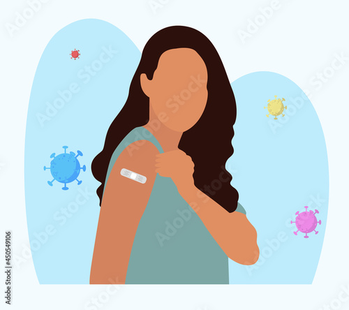 People Showing Vaccinated Arm. Vaccine distribution for general population concept illustration. Process of immunization against covid-19. Healthcare, coronavirus, prevention and immunize.	