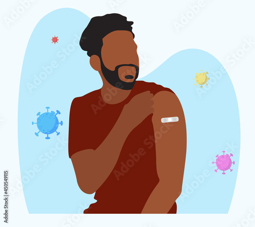 People Showing Vaccinated Arm. Vaccine distribution for general population concept illustration. Process of immunization against covid-19. Healthcare, coronavirus, prevention and immunize.	