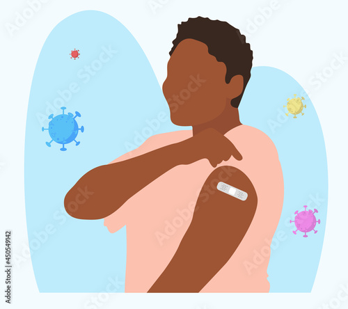 People Showing Vaccinated Arm. Vaccine distribution for general population concept illustration. Process of immunization against covid-19. Healthcare, coronavirus, prevention and immunize.	