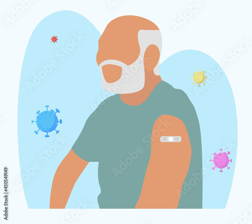 People Showing Vaccinated Arm. Vaccine distribution for general population concept illustration. Process of immunization against covid-19. Healthcare, coronavirus, prevention and immunize.	