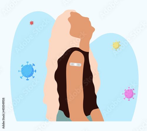 People Showing Vaccinated Arm. Vaccine distribution for general population concept illustration. Process of immunization against covid-19. Healthcare, coronavirus, prevention and immunize.	