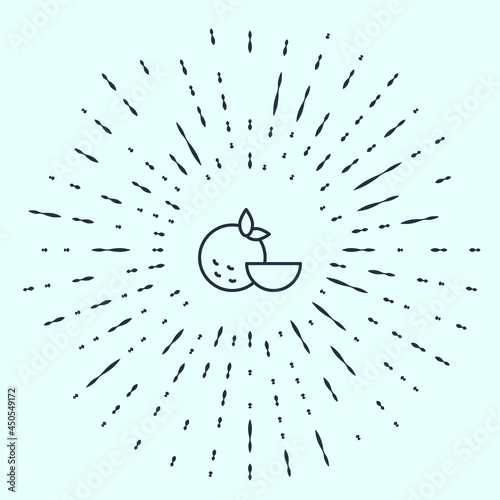 Black line Orange fruit icon isolated on grey background. Abstract circle random dots. Vector
