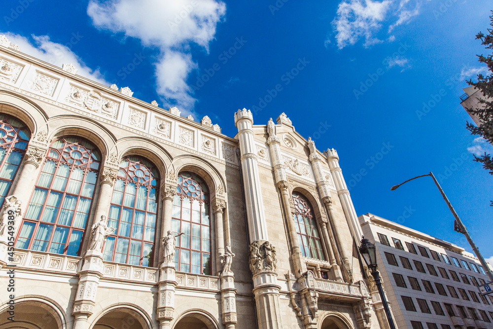 Architectural details of the Vigado Concert Hall on the embankment of the Danube River in Budapest, Hungary