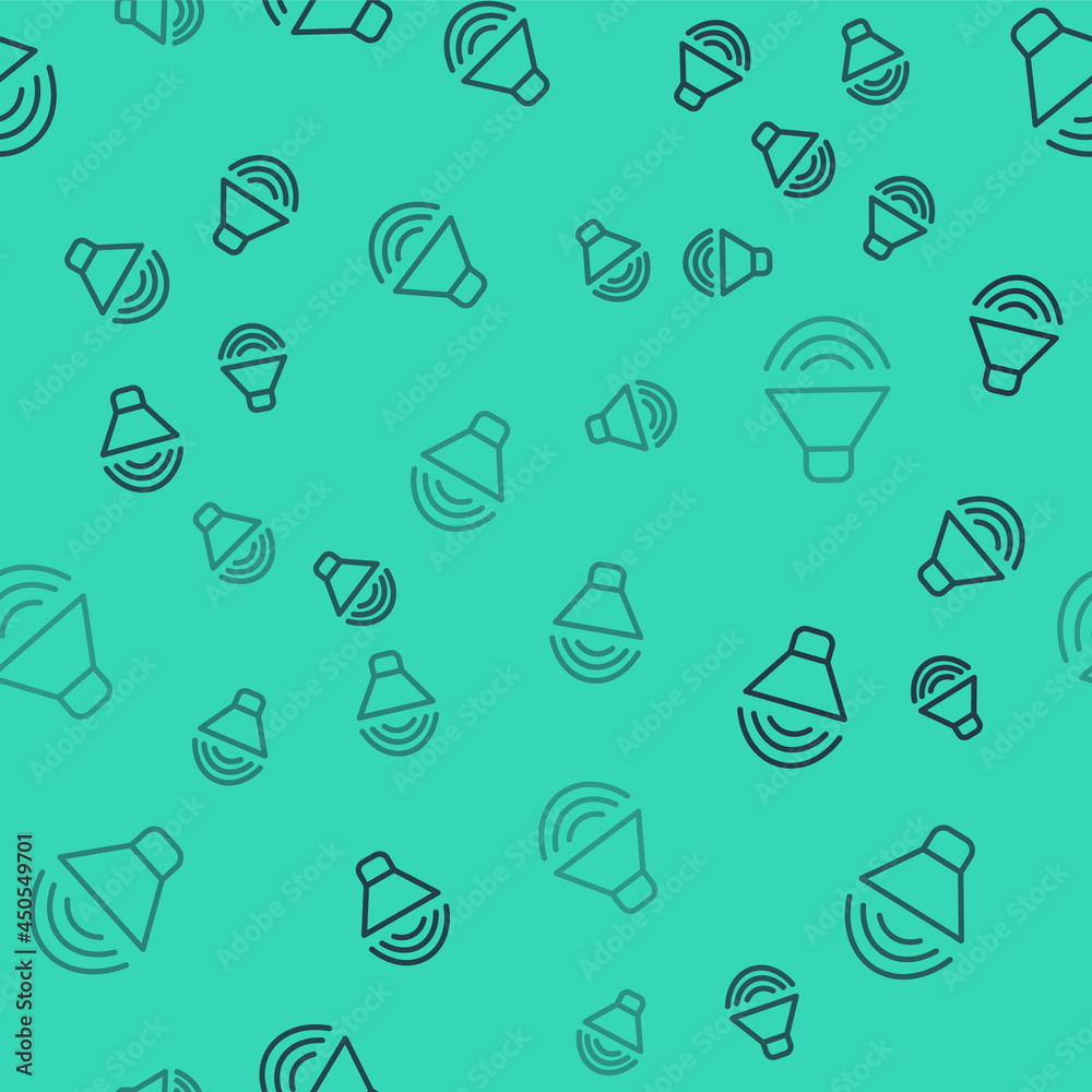 Black line Speaker volume, audio voice sound symbol, media music icon isolated seamless pattern on green background. Vector Black line Speaker volume, audio voice sound symbol, media music icon isolated seamless pattern on green background. Vector