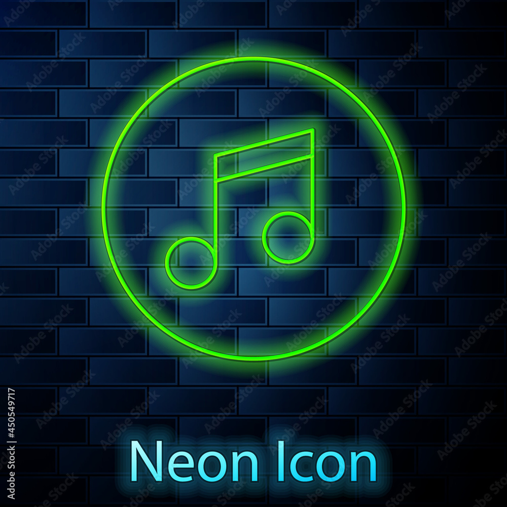 Glowing neon line Music note, tone icon isolated on brick wall background. Vector Glowing neon line Music note, tone icon isolated on brick wall background. Vector