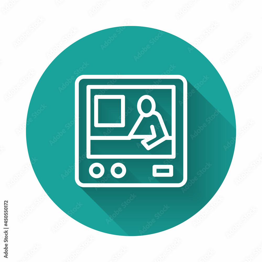 White line Television report icon isolated with long shadow. TV news. Green circle button. Vector White line Television report icon isolated with long shadow. TV news. Green circle button. Vector