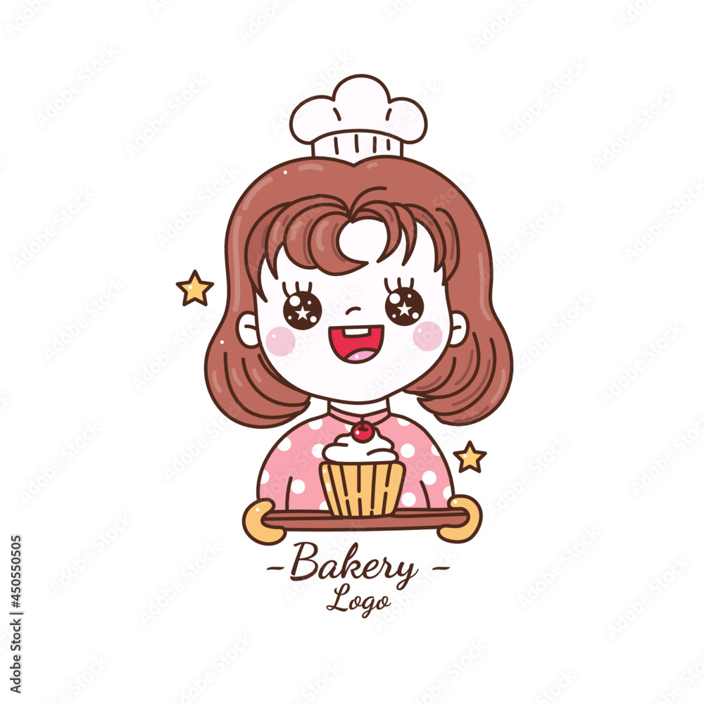 cute chef logo for bakery store. cartoon hand draw. a girl holding ...