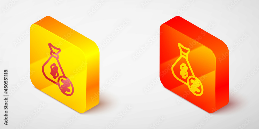 Isometric line Money bag icon isolated on grey background. Dollar or USD symbol. Cash Banking currency sign. Yellow and orange square button. Vector Isometric line Money bag icon isolated on grey background. Dollar or USD symbol. Cash Banking currency sign. Yellow and orange square button. Vector