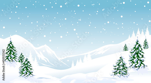 Winter landscape forest mountains snow. Winter landscape. Snow-capped mountains, spruce covered with snow. Snow, snowflakes. Winter scene
