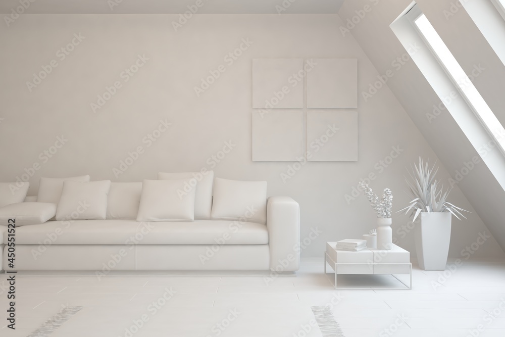 Mock up of minimalist living room in white color with sofa. Scandinavian interior design. 3D illustration Mock up of minimalist living room in white color with sofa. Scandinavian interior design. 3D illustration