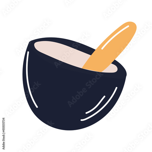 Rustic spice mortar for medical design. Black background. Healthy food. Vector illustration. Cartoon style