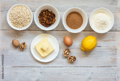 Baking ingredients. Food background. Top view. Selective focus. Flat lay
