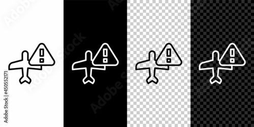 Set line Warning aircraft icon isolated on black and white, transparent background. Faulty plane. Flying prohibition zone. Plane is forbidden for transportation and travelling. Vector