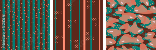 Set of Vector seamless pattern with stripes, polka dots, camouflage, lines in terra cotta orange, emerald green color on dark brown background. Autumn trendy color geometry. Down to Earth palette.