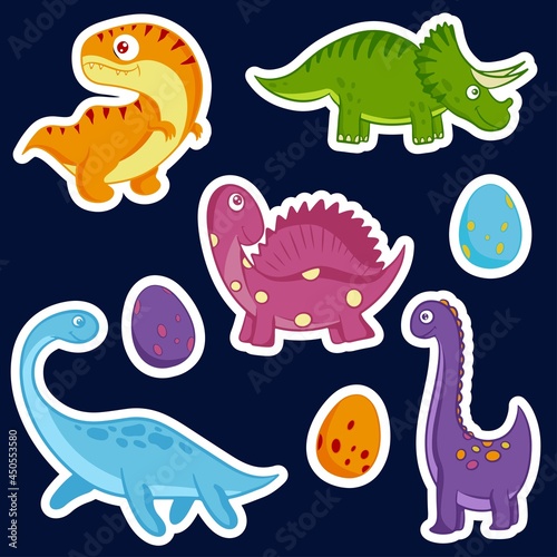 Dinosaurs vector stickers. Hand drawn  in cartoon style. Vector illustration.