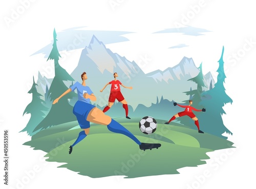 Men playing football on the background of a mountain landscape. Football players kick the ball. Outdoor activities  vector illustration.