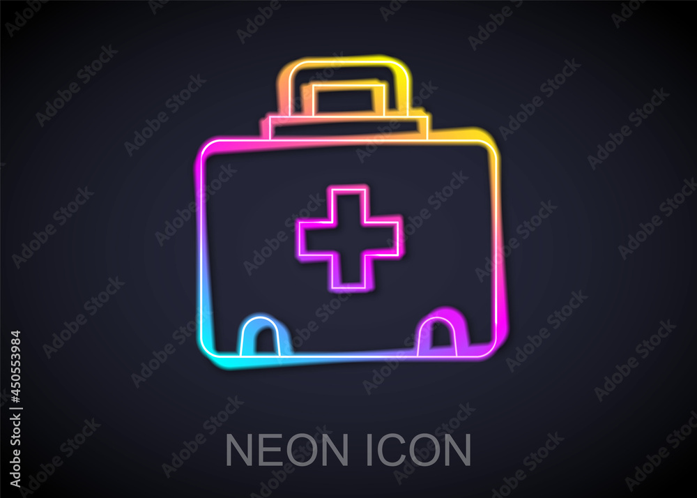 Glowing neon line First aid kit icon isolated on black background. Medical box with cross. Medical equipment for emergency. Healthcare concept. Vector Glowing neon line First aid kit icon isolated on black background. Medical box with cross. Medical equipment for emergency. Healthcare concept. Vector