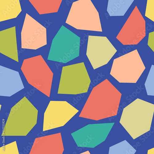 Seamless vector geometric abstract pattern with colorful chunky polygons shapes. Includes swatches with named fashion industry colors in True Spring palette. 
