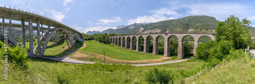 View of the View of the Crozet railway viaduct and Crozet motorway viaduct in Isère. City of Vif.