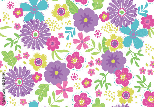 Tween Colored Floral. Repeating Vector Pattern themed for youthful girls, tweens, teens. Spring blooms and textured leaves.