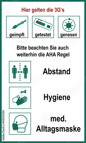 Hinweisschild mit 3G- und Aha Regel.