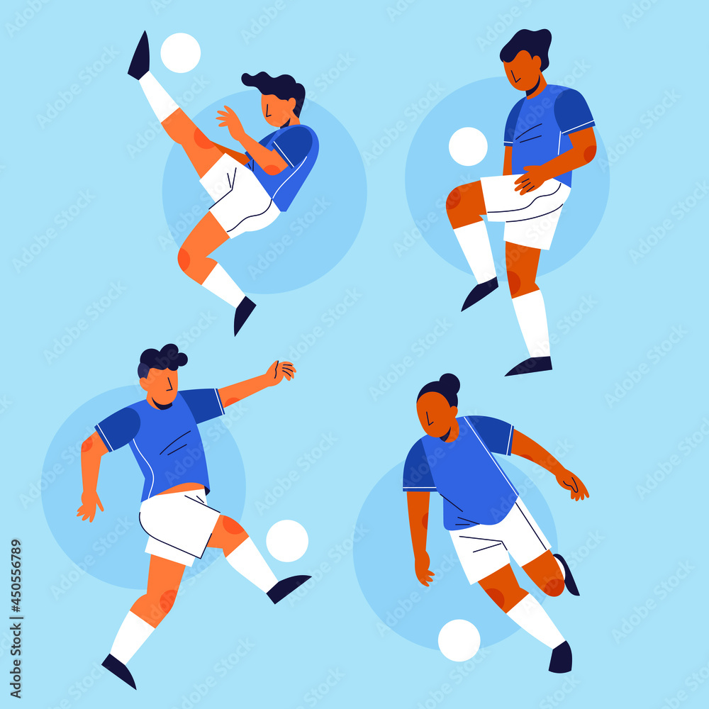 Football Players Collection Soccer Player Flat Set Team Characters In Uniform Animation Movement Or Training Sport Clothes Ball Dribble Athlete Vector Illustration Stock ベクター Adobe Stock