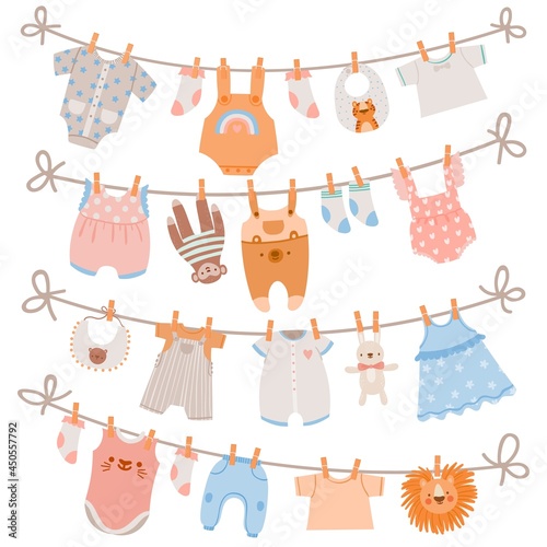 Baby clothes on rope. Newborn children apparel, socks, dress and toys hanging on clothesline. Kids laundry drying on clothespin vector set
