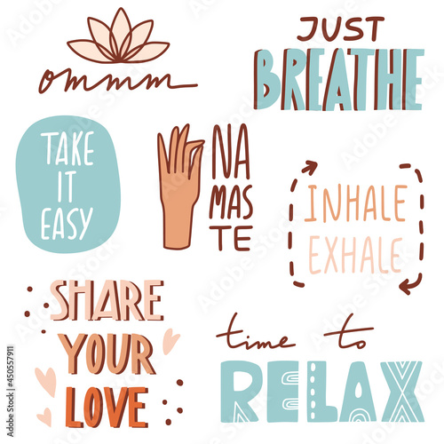 Yoga, mindfulness motivational quotes with doodles and lettering