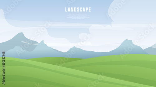Landscape view natural , A vast green field with snowy mountains in the background  , Illustration Vector EPS 10 