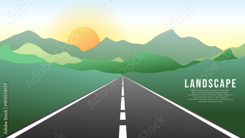 Landscape view natural , Road Leading to Mountains , View of the grassland on both sides at sunset , Illustration Vector EPS 10