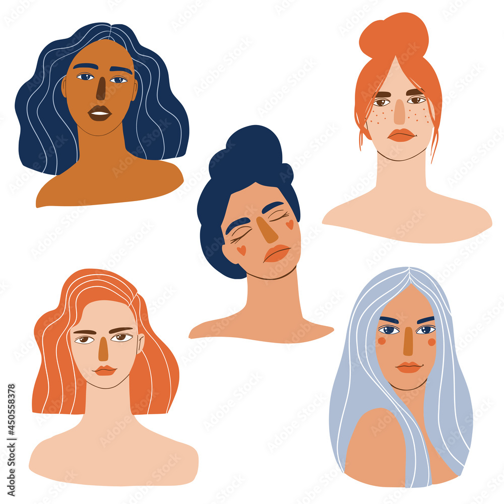 Young women characters. Hand drawn avatars Young women characters. Hand drawn avatars