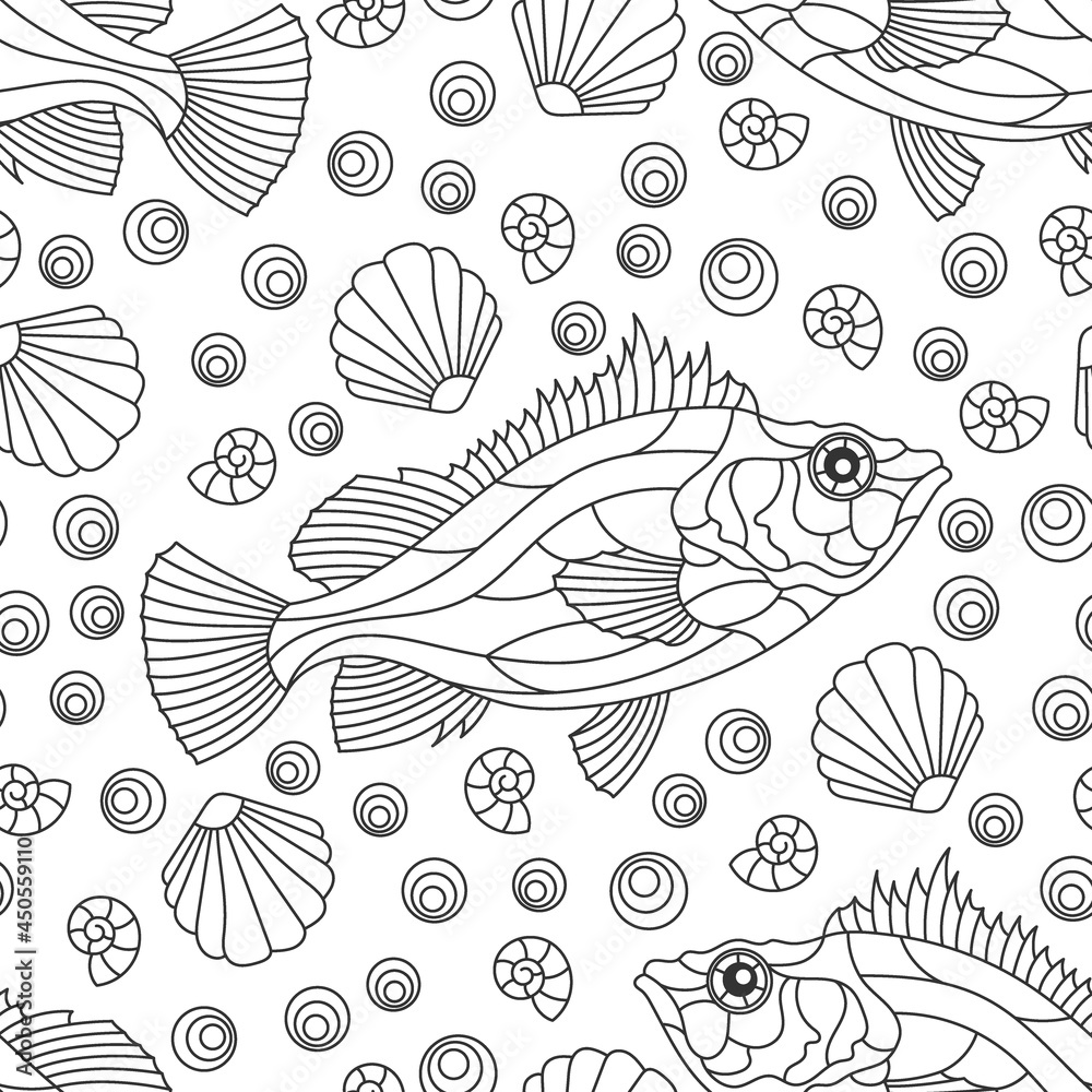 Seamless pattern on a marine theme with dark contour fish and shells, outline fish on a white background
