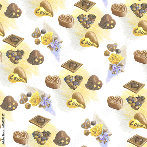 Seamless pattern with mix of chocolates, spots and flowers. Yellow, brown and blue color. Made in the technique of colored pencils. Hand drawn.