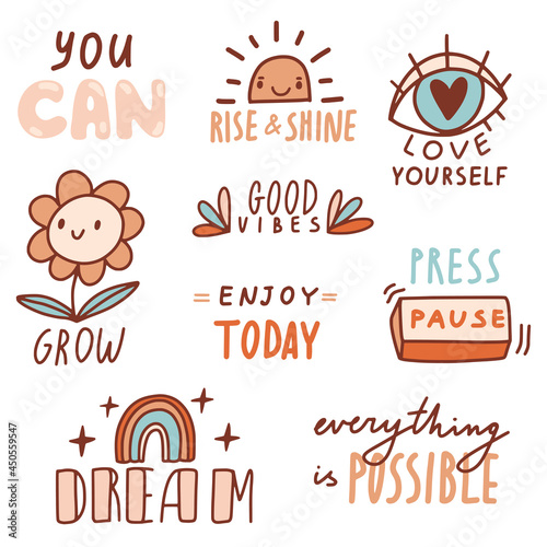 Motivational phrases with doodles and lettering