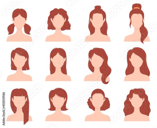 Cartoon female fashion hairstyle for short, long and curly hair. Woman head with haircuts, ponytail and bun. Flat girl hairstyles vector set photo