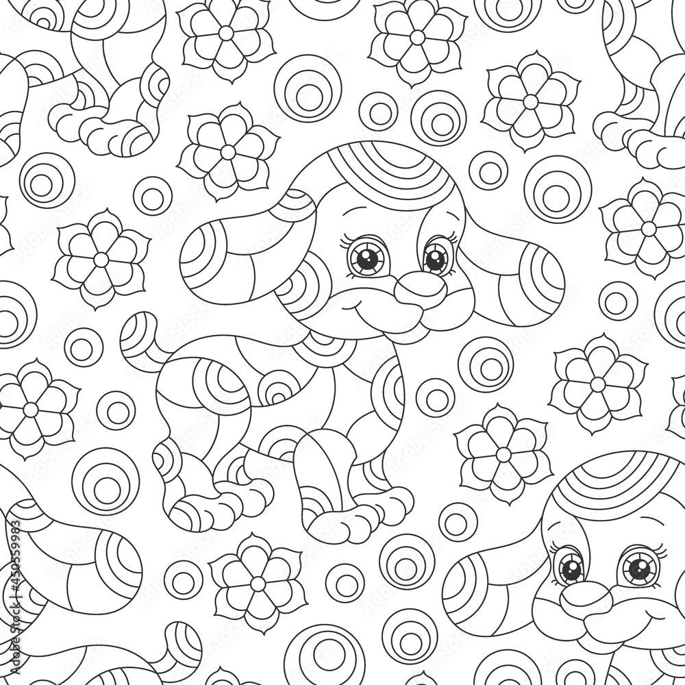 Fototapeta premium Seamless pattern with dark contour cartoon dogs and flowers in stained glass style on a white background