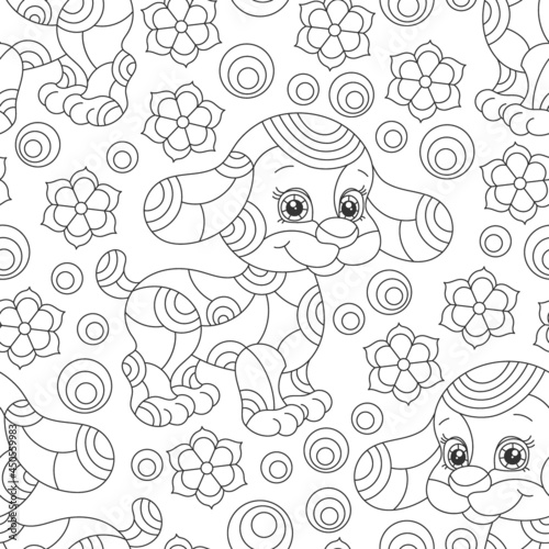 Seamless pattern with dark contour cartoon dogs and flowers in stained glass style on a white background © Zagory