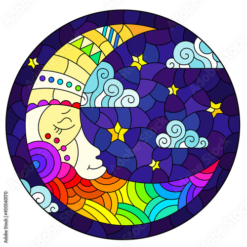Illustration in stained glass style with moon on cloudy sky background, oval image