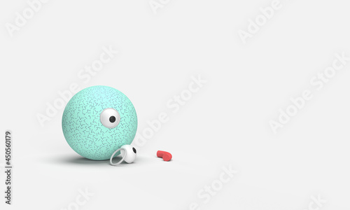 An abstract children's toy broke down. The smiley face has a broken eye. Composition on the topic of toys, creativity, applications, development. 3d rendering.